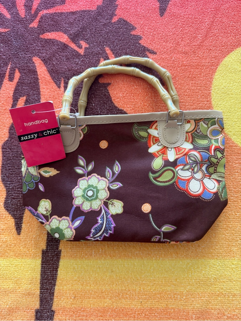 Floral Bamboo-Handle Tote in Dark Brown